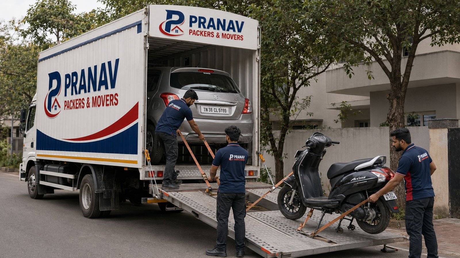 A happy family greeting the Pranav Packers and Movers team after a successful move in Erode